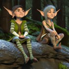 Animated elves in green outfits seated in mossy forest