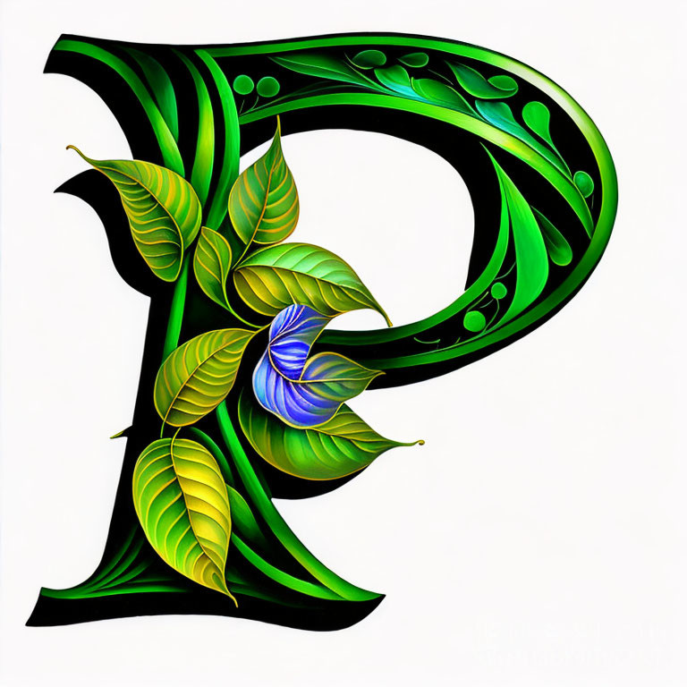 Vibrant green leaves and blue flower form artistic letter "P" on white background