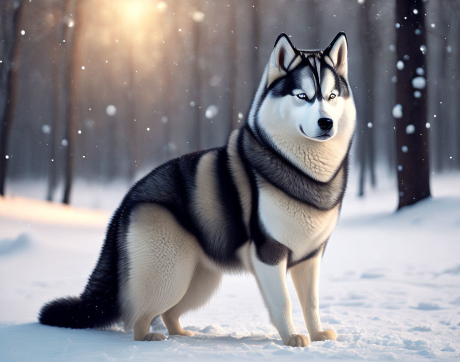 Siberian Husky in snowy forest with sunlight and falling snowflakes