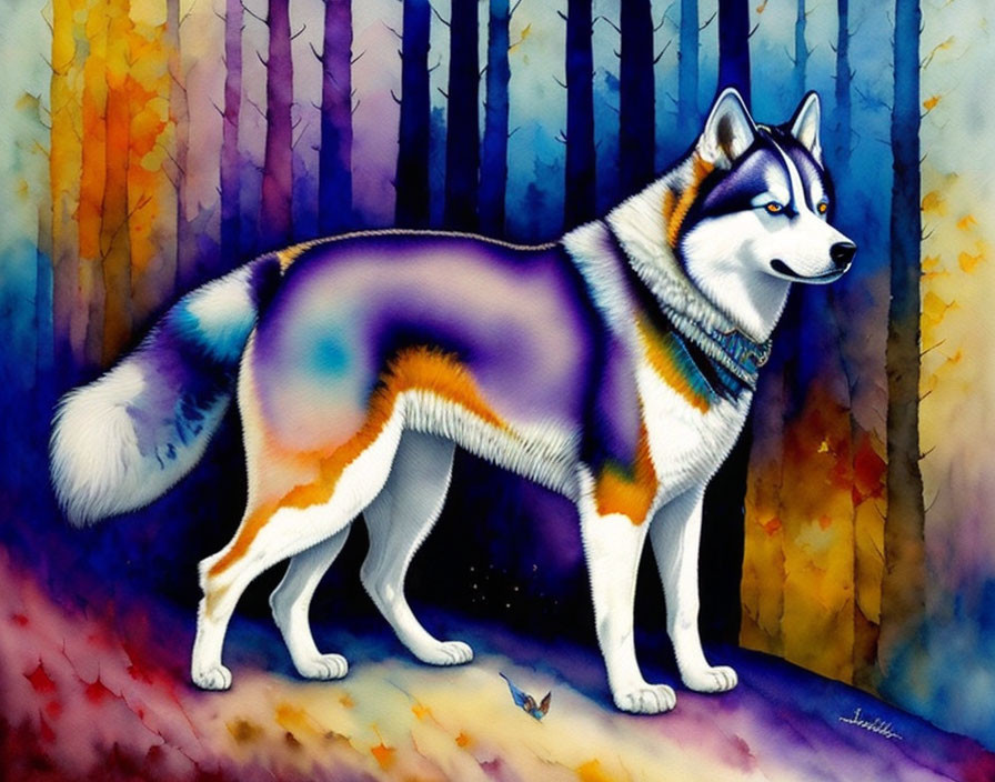 Colorful Siberian Husky in Forest with Butterfly & Abstract Patterns