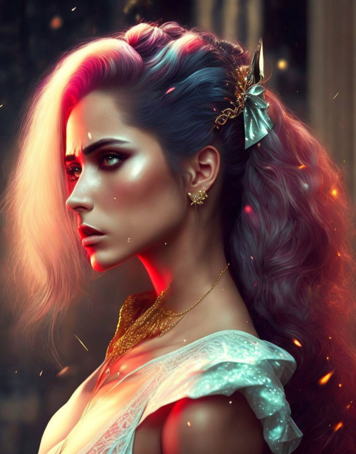 Woman with Pink to Blue Gradient Hair and Golden Accessories in Thoughtful Pose