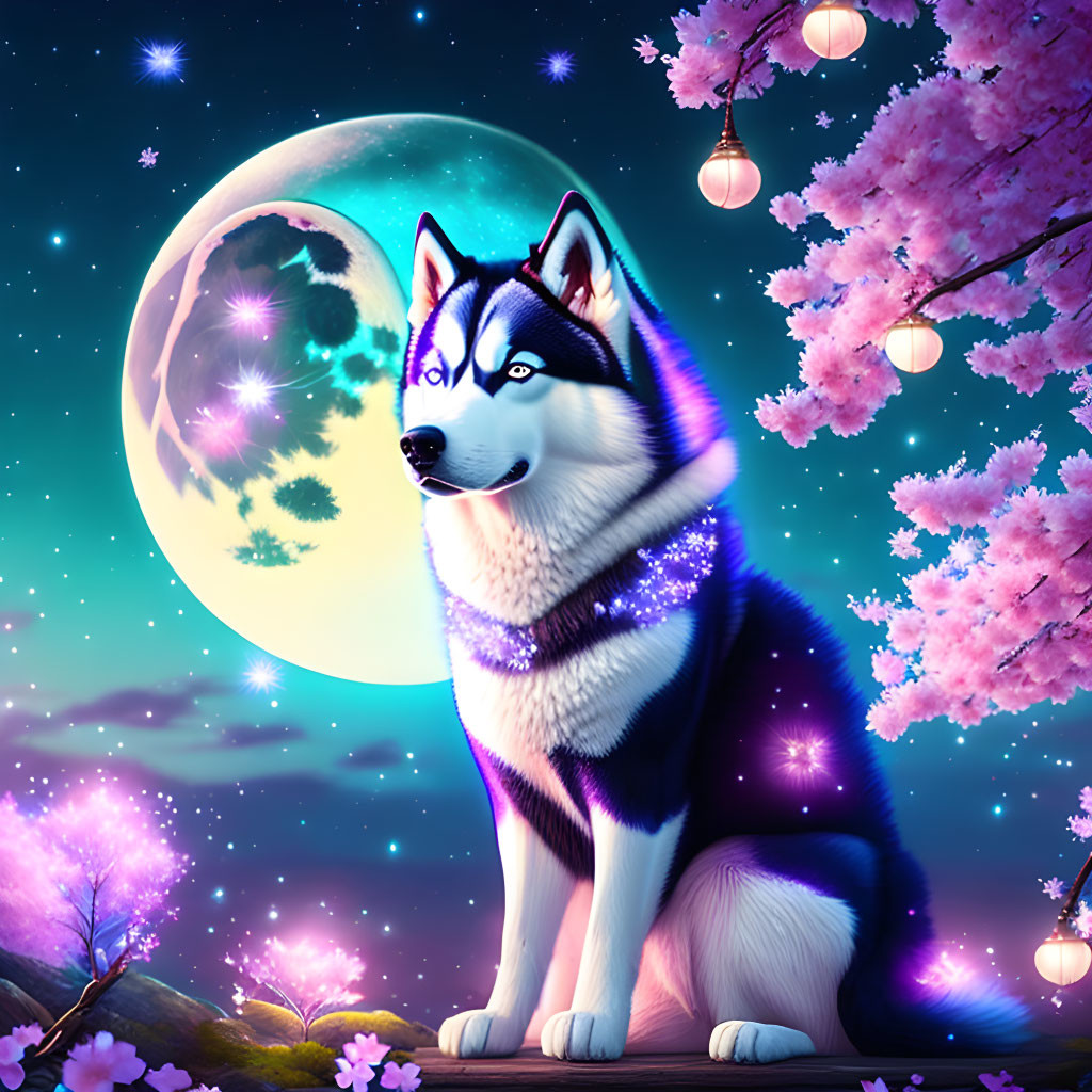 Siberian Husky under starry night sky with moon and cherry blossoms