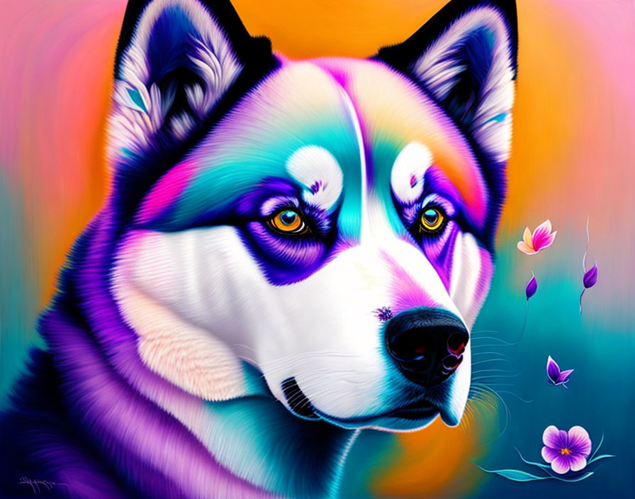 Colorful Digital Artwork: Husky with Rainbow Fur and Butterflies
