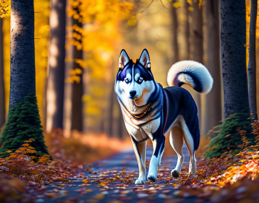 Striking Blue-Eyed Siberian Husky in Autumn Forest Setting