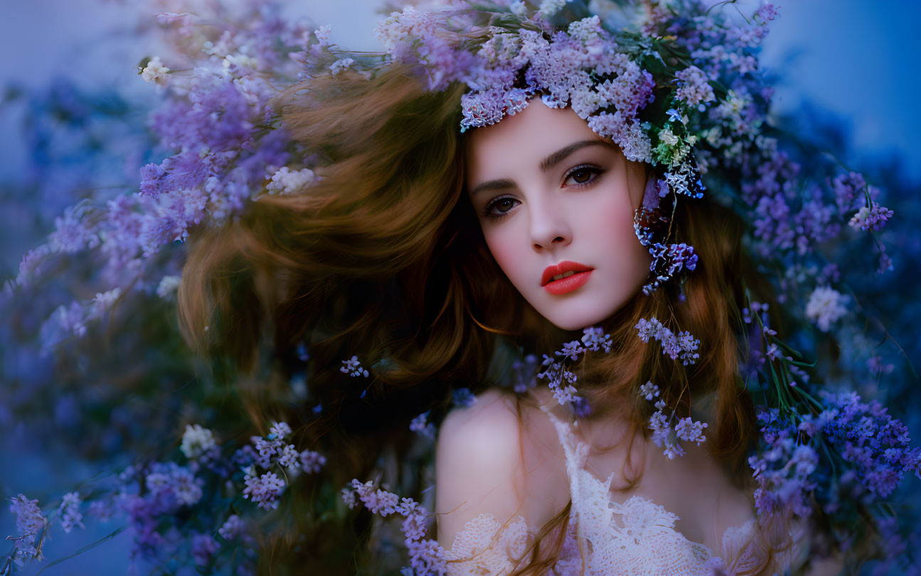 Woman with Floral Crown and Red Lipstick Surrounded by Purple Flowers