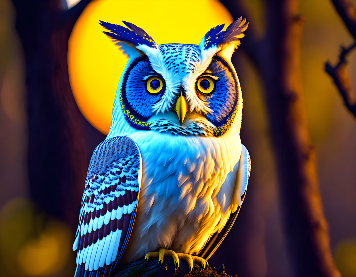Colorful Owl Perched on Branch Under Full Moon