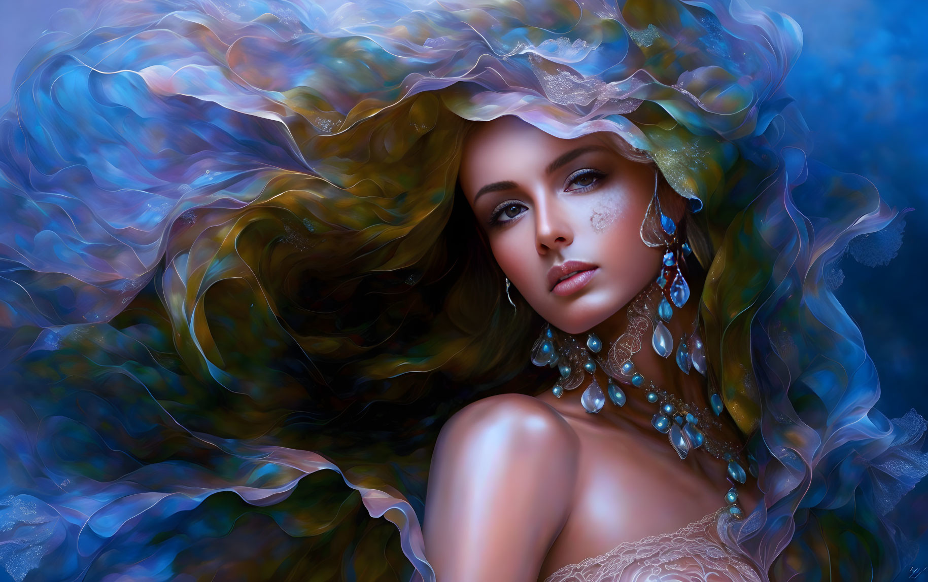 Digital Artwork: Woman with Flowing Hair and Ethereal Attire