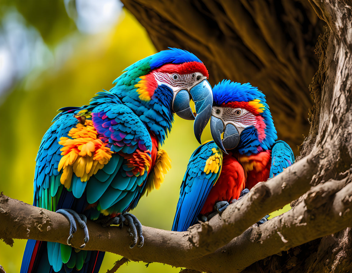 Colorful Macaws Nuzzling on Branch with Vibrant Plumage