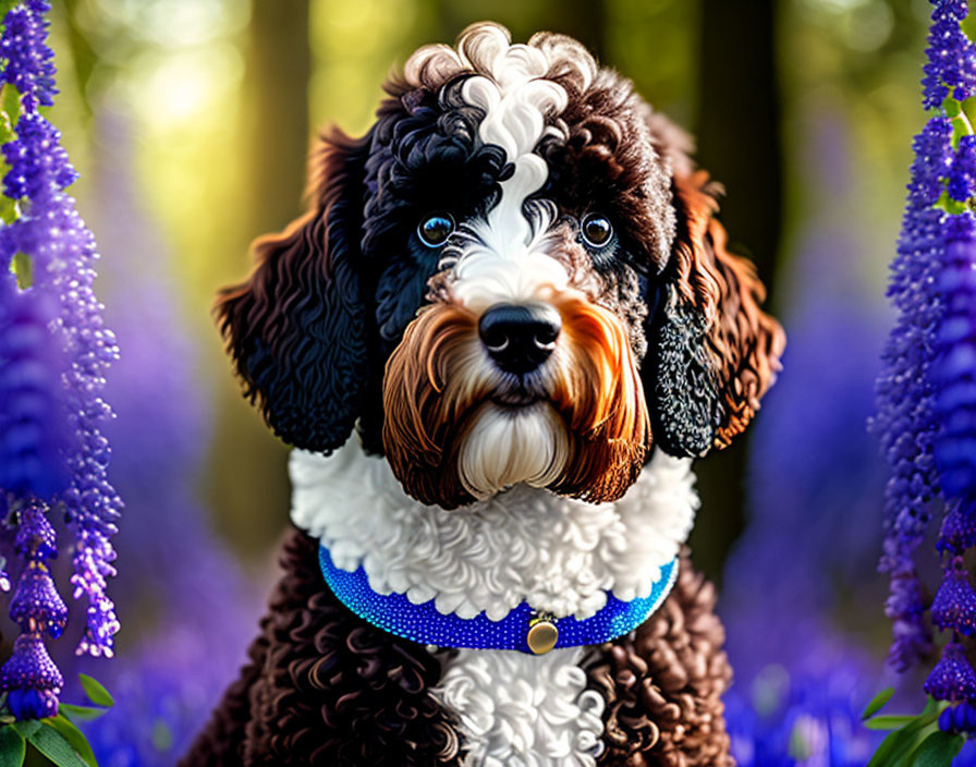 Curly-furred brown and white dog in blue collar among purple flowers