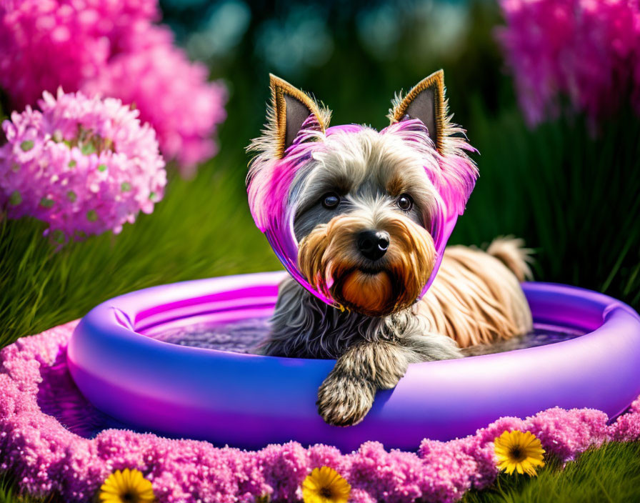 Small Yorkshire Terrier in Pink Bow Relaxing in Purple Pool with Flowers