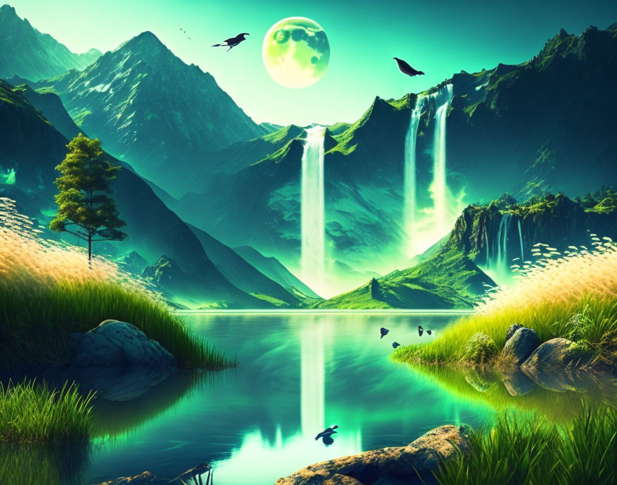 Tranquil fantasy landscape with dual waterfalls, calm lake, green mountains, glowing moon, birds
