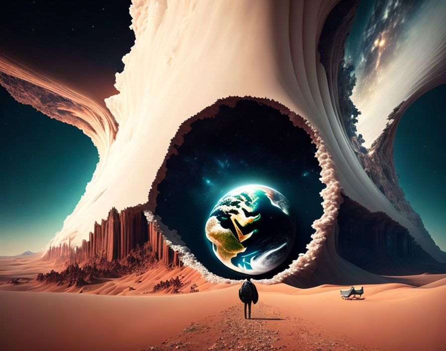 Surreal landscape with person observing floating Earth and towering rock formations