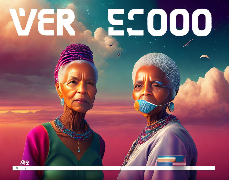 Elderly women in colorful clothing and headwraps with mask, under dreamy sky.