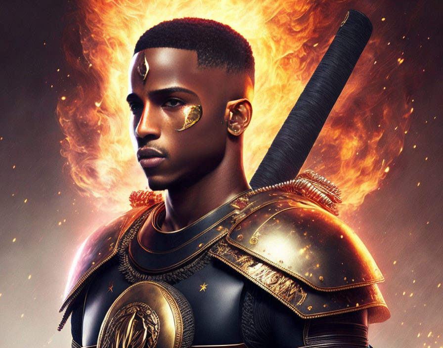 Fantasy digital artwork of a man in elaborate armor with golden facial markings.