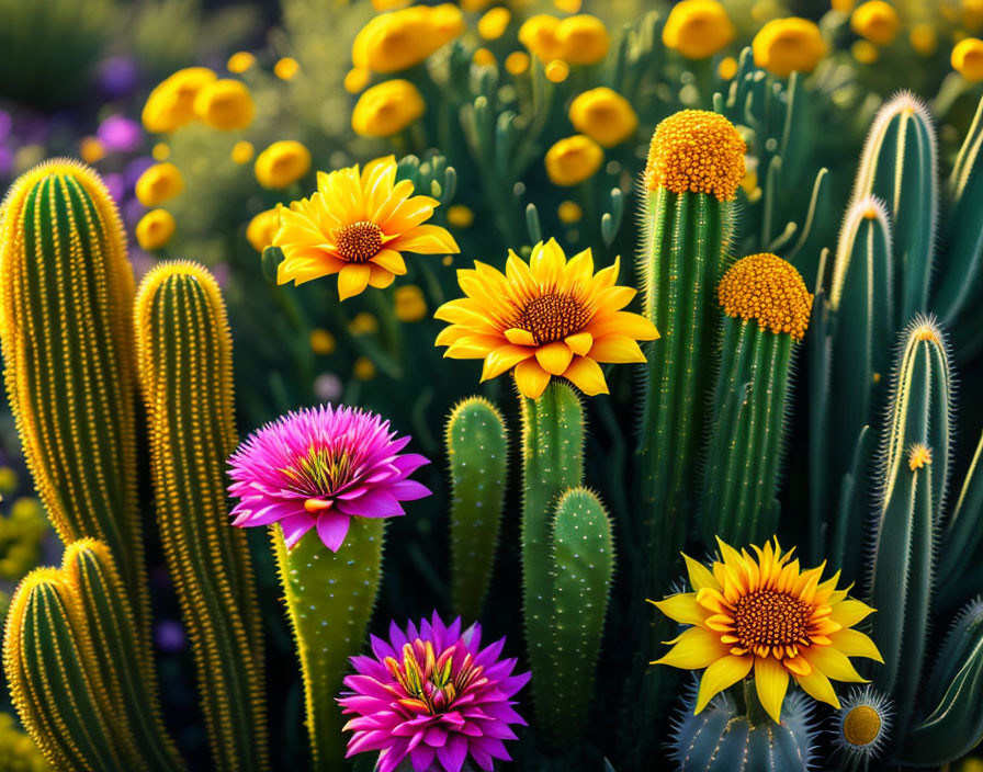 Colorful garden scene with yellow daisies, purple flowers, and tall cacti.