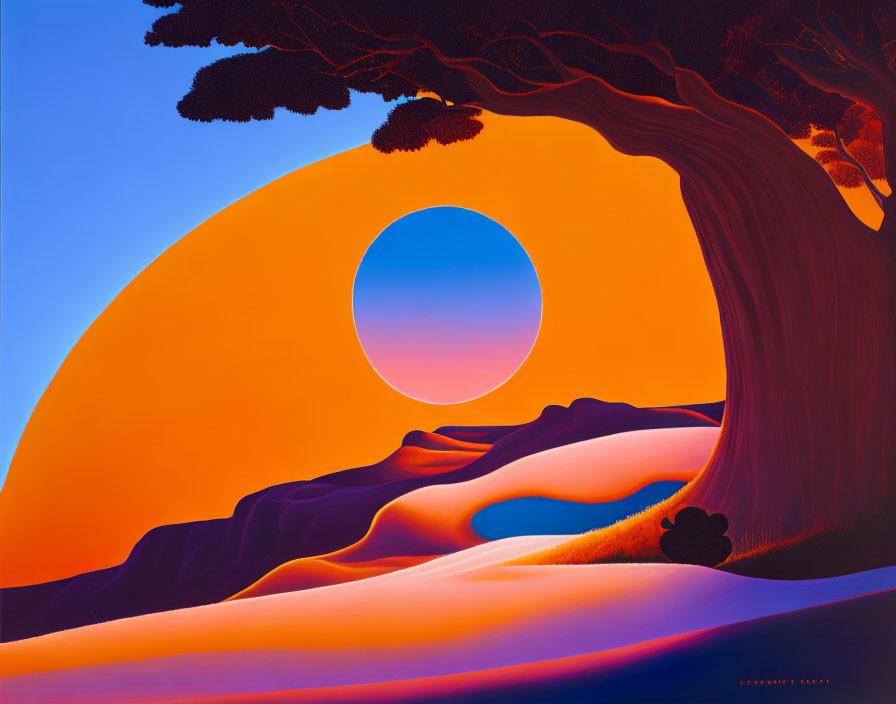 Colorful painting: stylized tree silhouette and setting sun over serene landscape