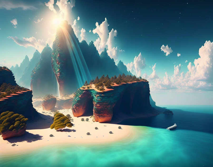 Tranquil beach scene with turquoise water, cliffs, greenery, floating islands, and radiant sun