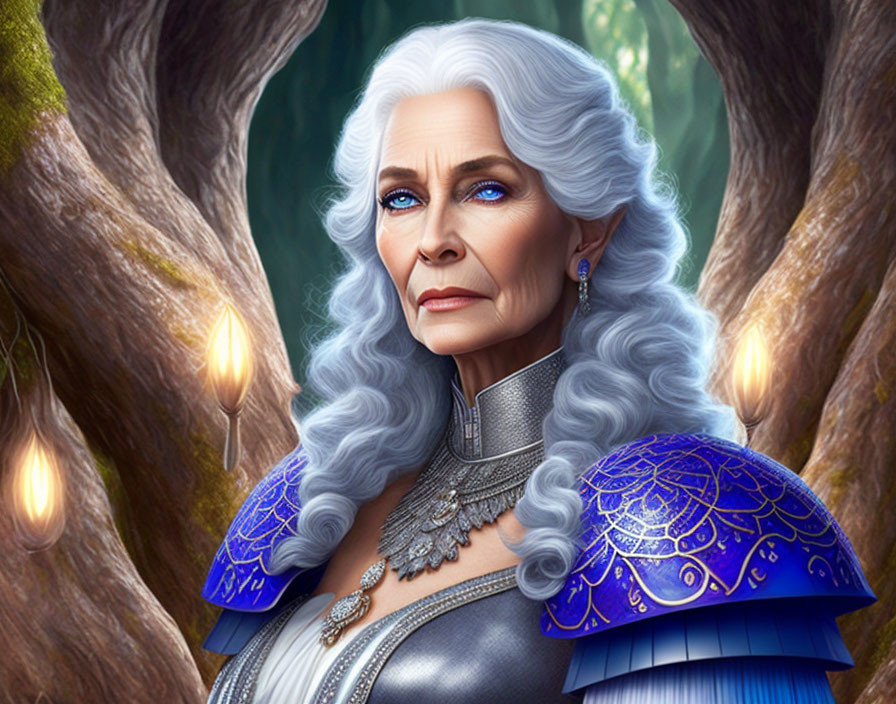 Elderly woman in blue armor with white hair in forest setting