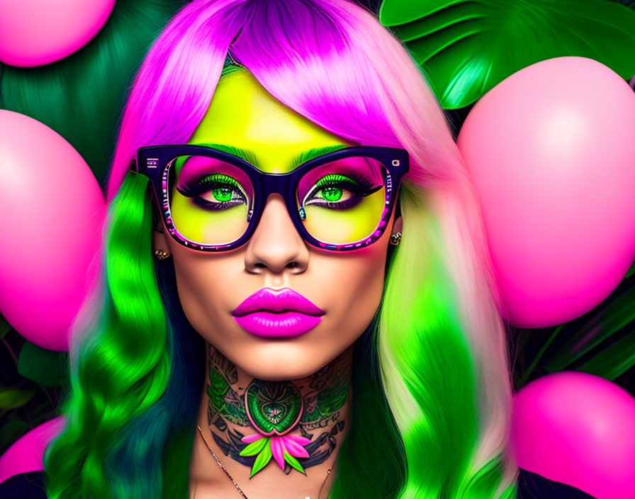 Colorful portrait of woman with neon hair, glasses, and tattoo in nature setting