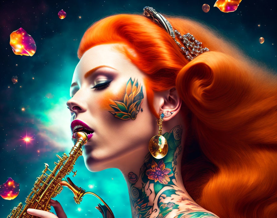 Vibrant red-haired woman playing saxophone in surreal cosmic scene