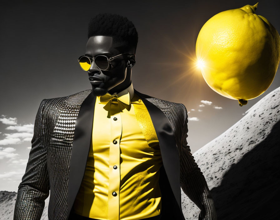 Man in stylish suit with yellow lemon balloon in black and white desert landscape