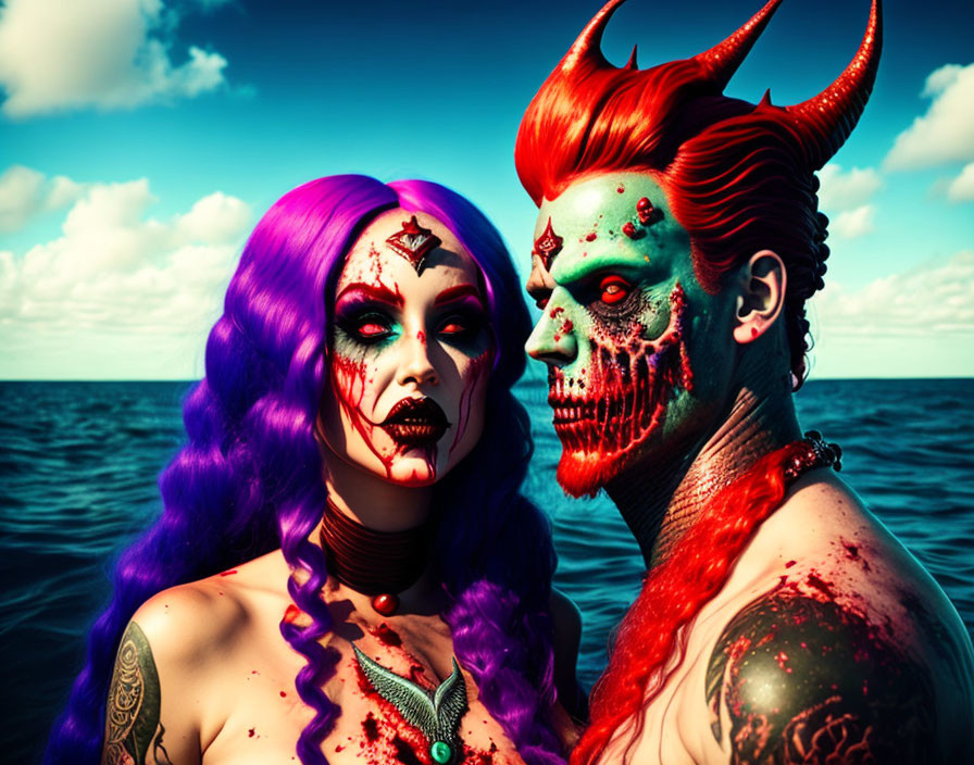 Vibrantly painted individuals as demon and mystical creature by the sea