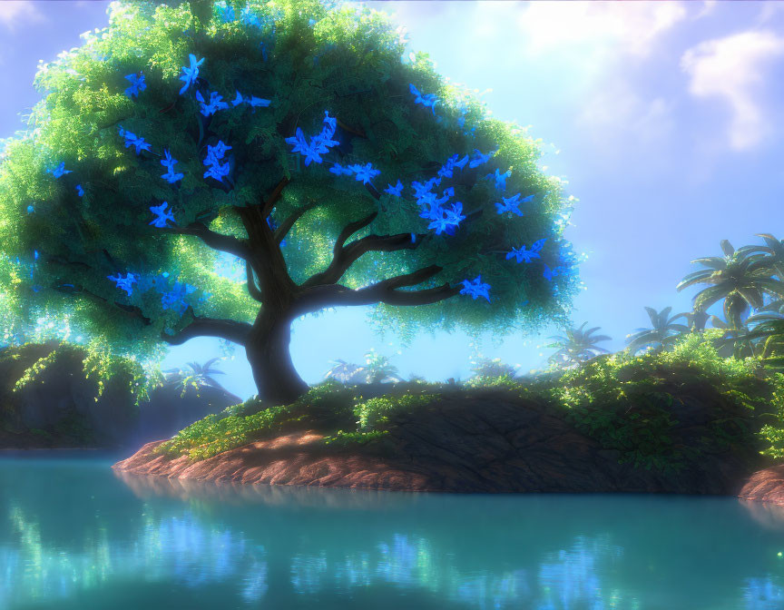 Vibrant tree with blue blossoms on islet in tranquil waters