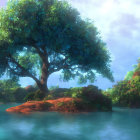 Vibrant tree with blue blossoms on islet in tranquil waters
