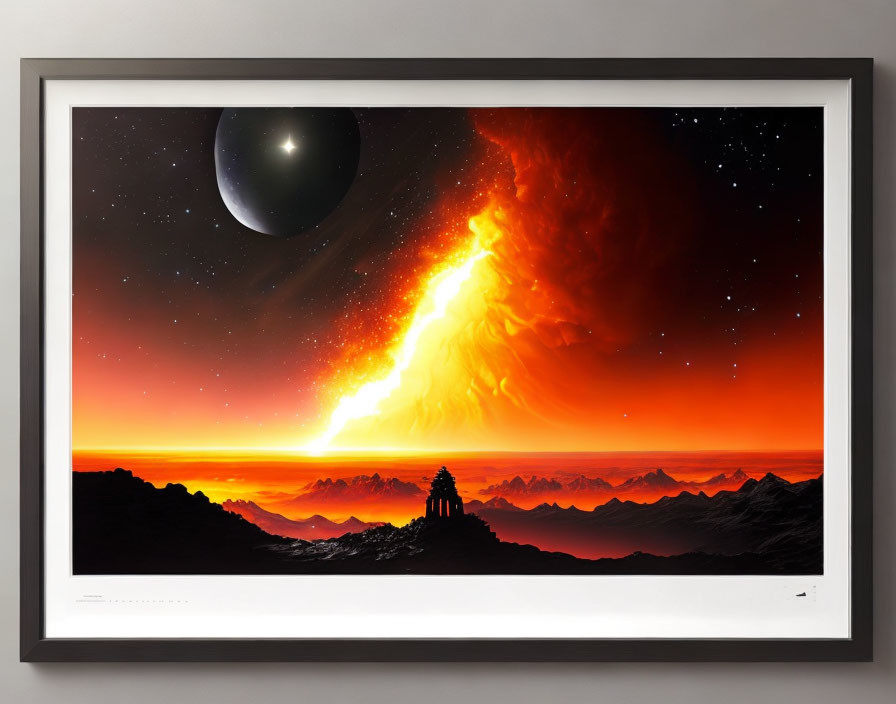 Framed digital art of fiery cosmic event with planet and stars