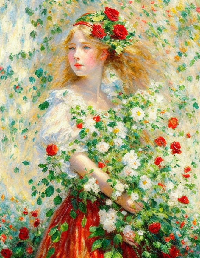 Portrait of young woman with red roses in hair and white flower bouquet on floral backdrop