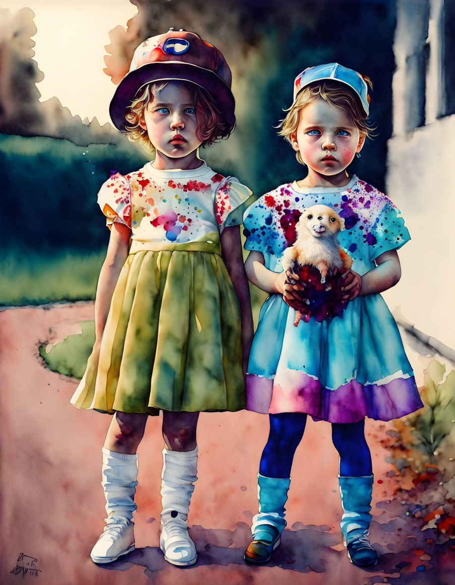 Two Young Girls in Colorful Dresses Holding Stuffed Animal