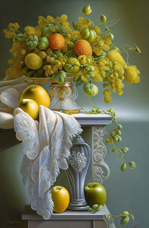Classic Still Life Painting: Fruit Arrangement on Column Pedestal with White Lace, Apples,