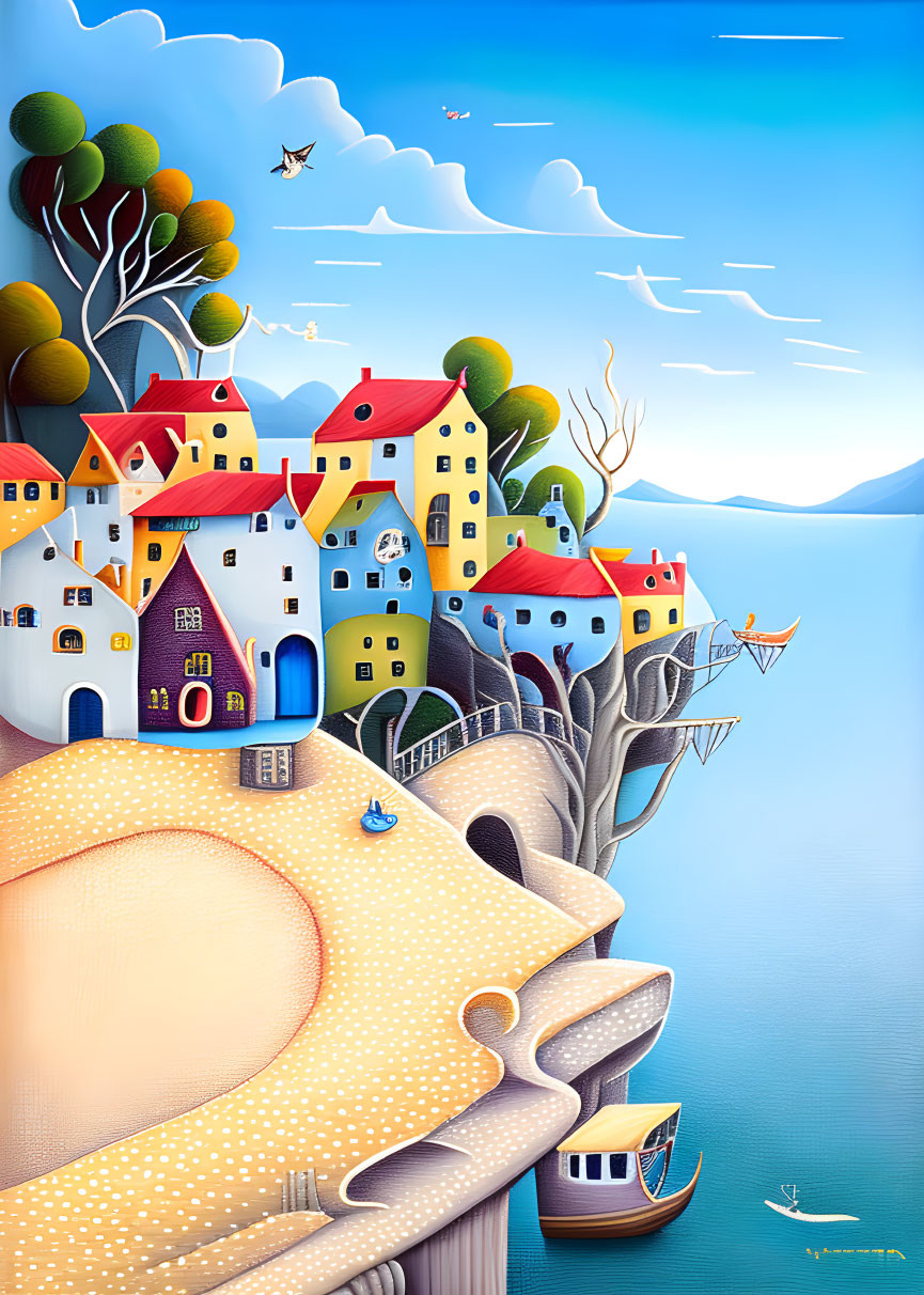 Colorful Coastal Village with Clifftop Houses, Trees, Sea, Boats, and Birds