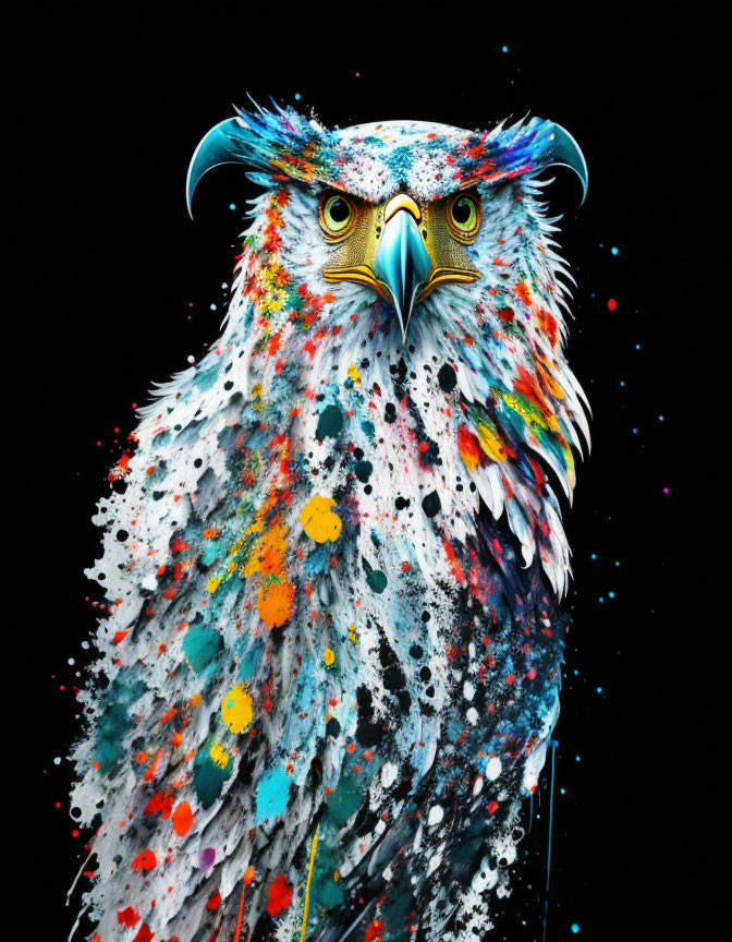 Colorful owl art with splattered paint on black background