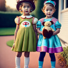 Two Young Girls in Colorful Dresses Holding Stuffed Animal