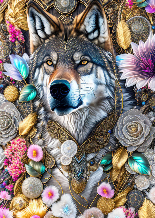 Colorful Wolf Head Illustration with Floral and Golden Decorations