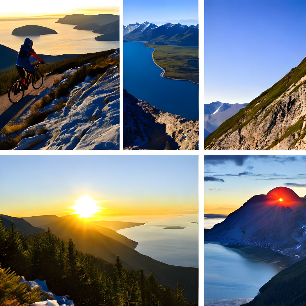 Mountainous Landscapes Collage with Cyclist, River Valley, and Lakes at Sunset and Sunrise