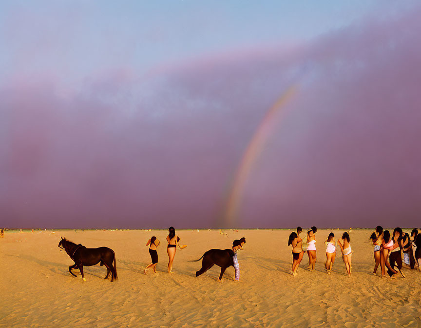 Group of People on Sandy Beach at Sunset with Horses Passing By