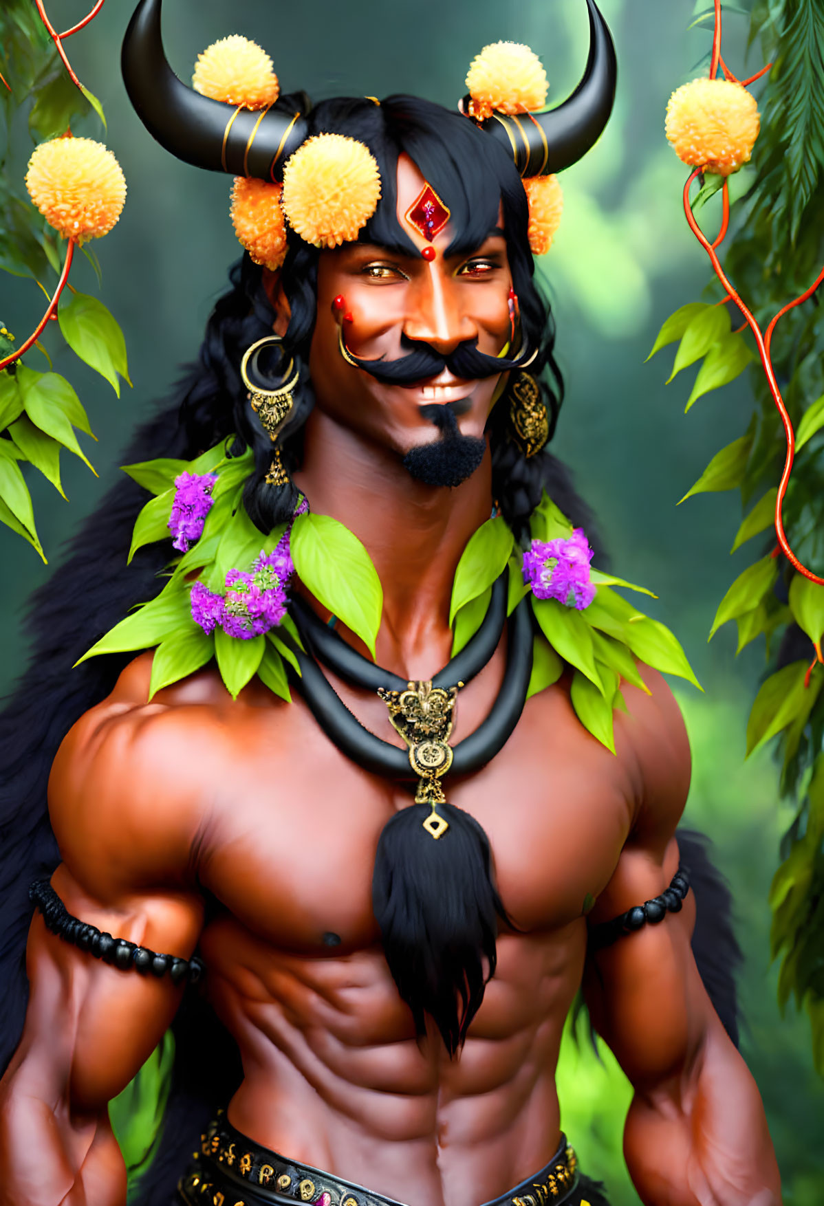 Fantasy illustration of man with horns and festive adornments in lush forest.