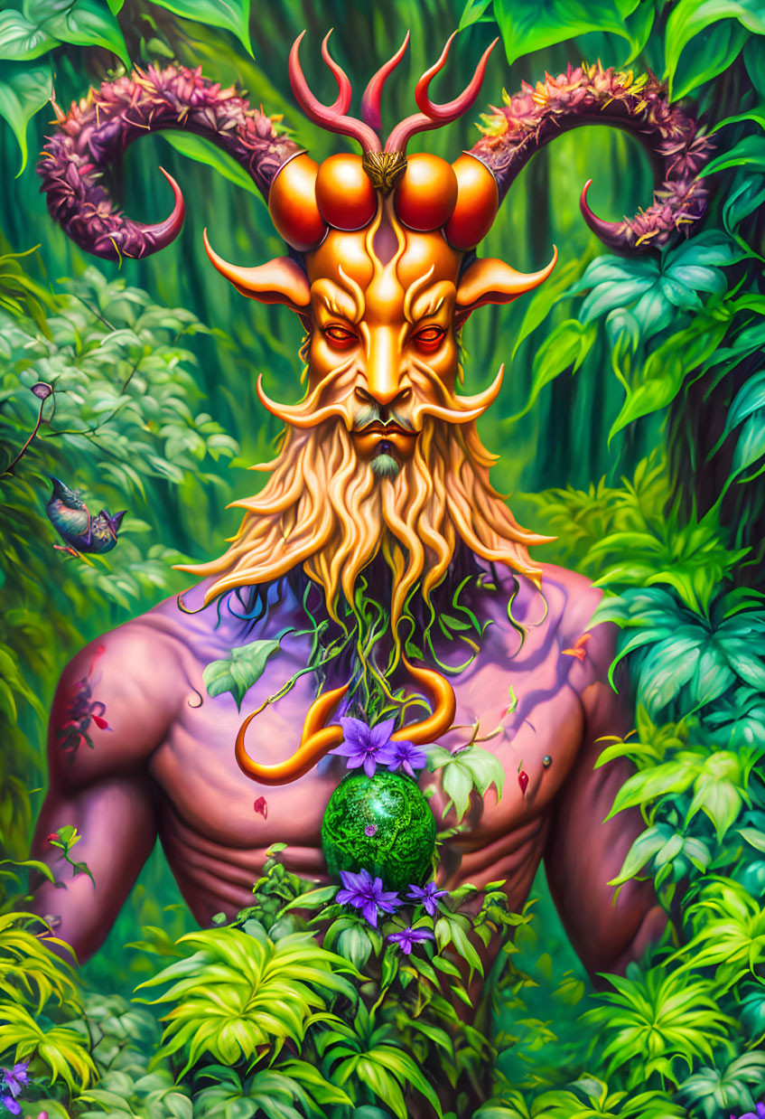 Colorful painting of mythical forest entity with golden horns and beard holding green orb, surrounded by lush green