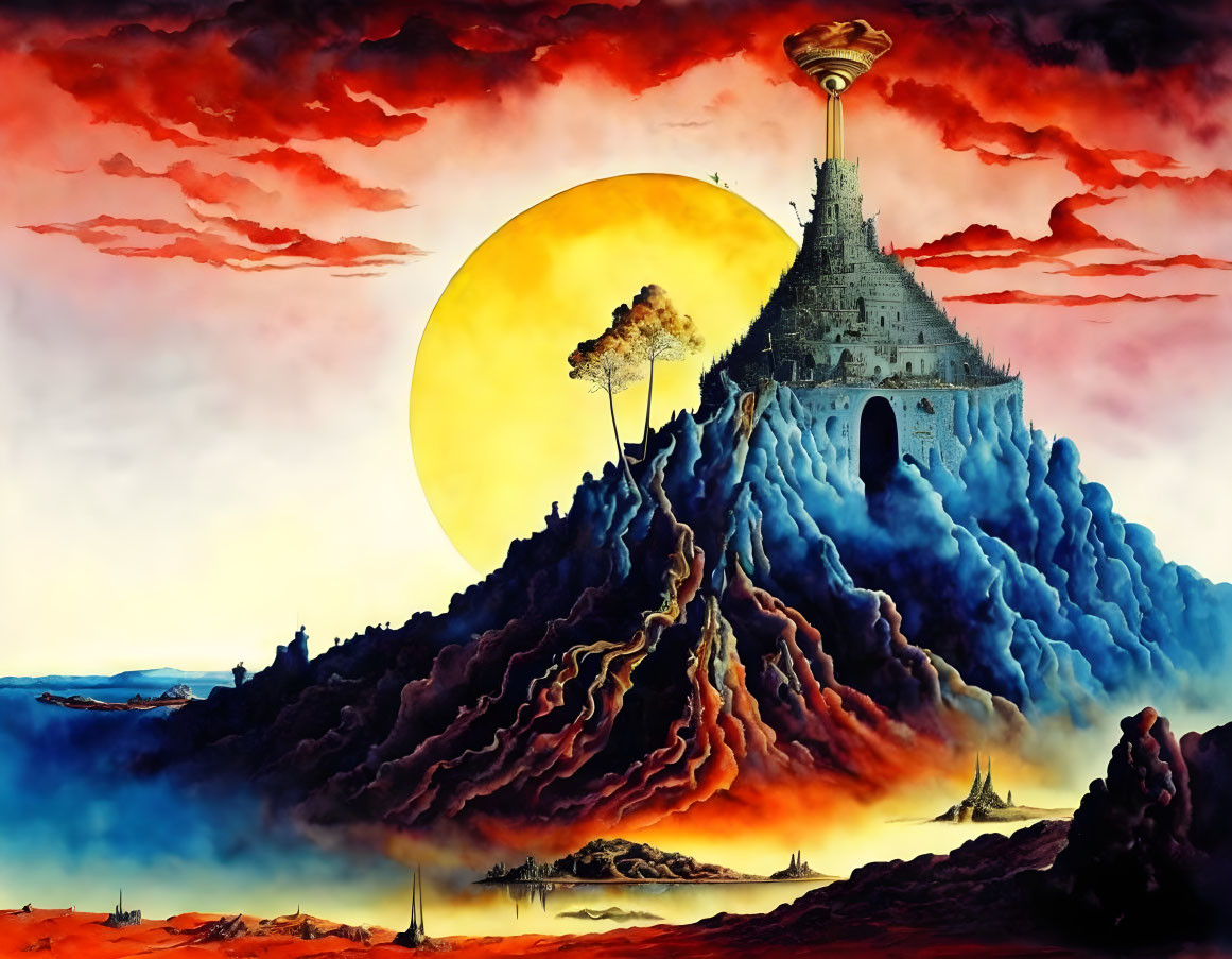 Fantasy painting of castle on rocky mountain with yellow moon and red clouds