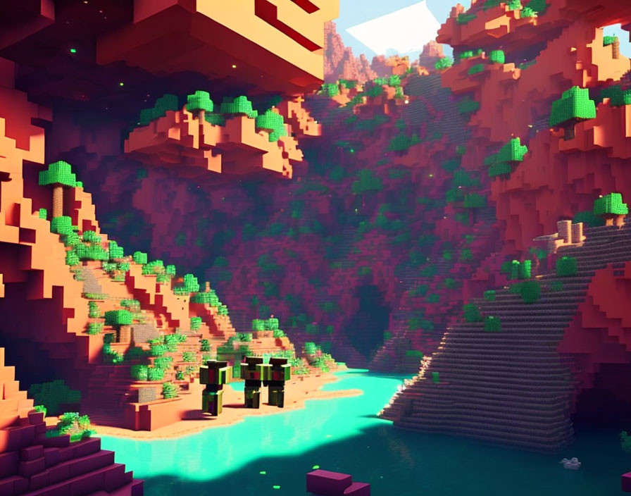 Colorful voxel landscape with river, waterfall, cliffs, and greenery under soft sunlight