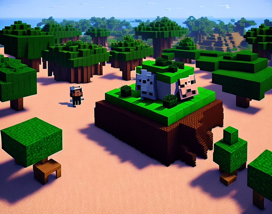 Blocky trees, character, and cube animal in Minecraft-style 3D render