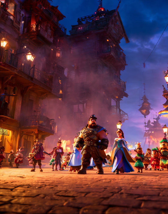 Vibrant animated characters in festive town square at dusk