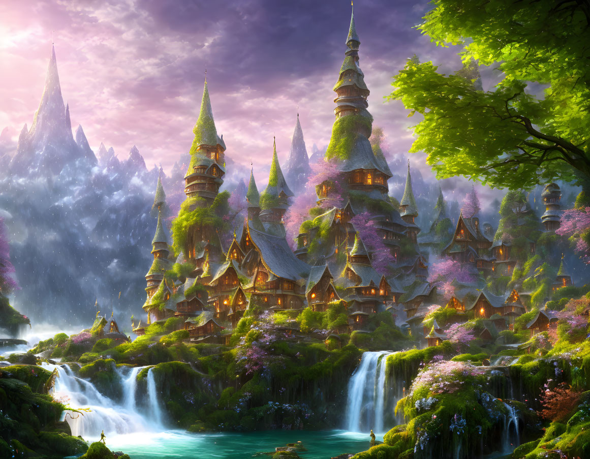 Fantasy landscape with towering spires, castles, waterfalls, lush greenery, and glowing