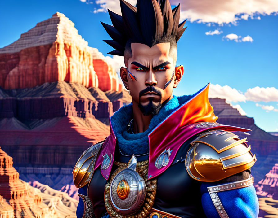 Stylized 3D animated character in armor with spiky hair in desert canyon.