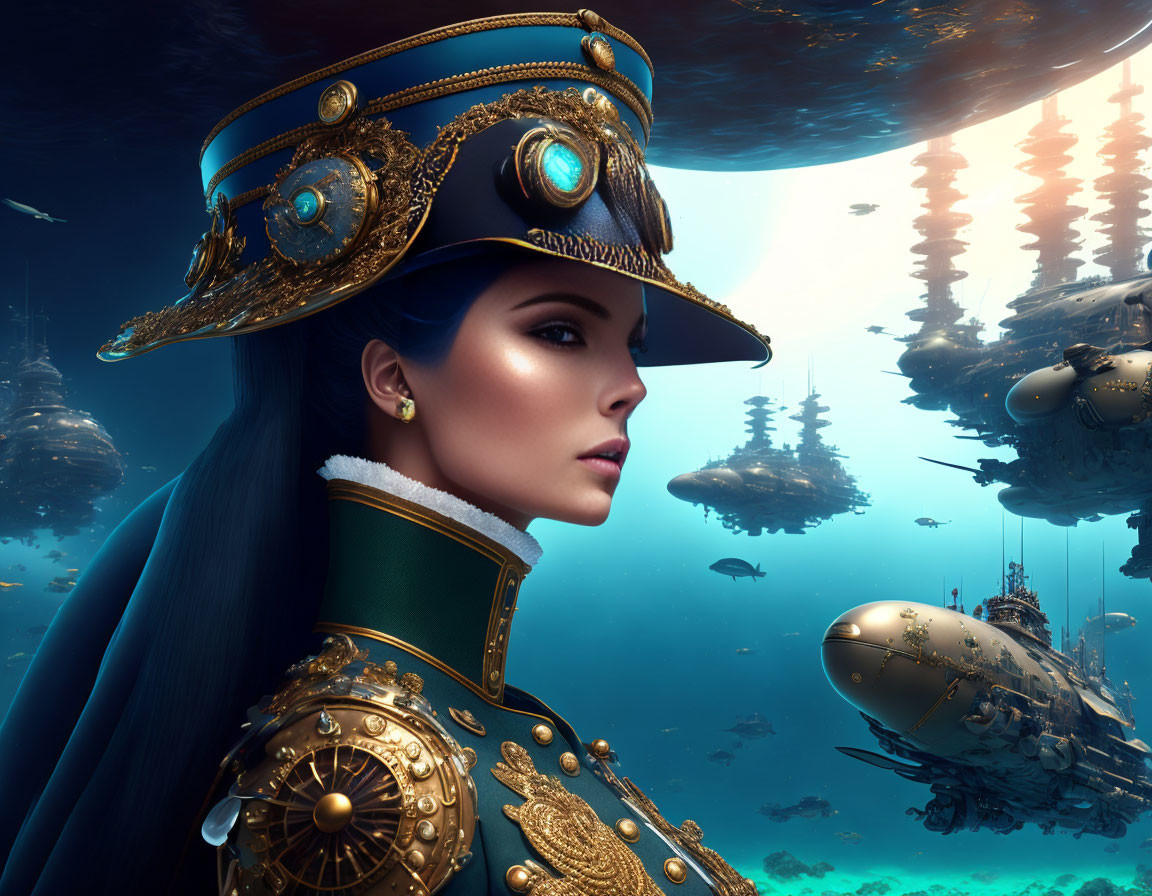 Steampunk-themed artwork with woman in decorated uniform, floating ships, and aquatic creatures.