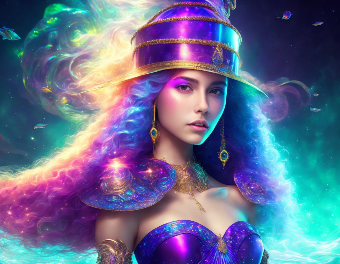 Cosmic-themed digital artwork of a woman in vibrant colors
