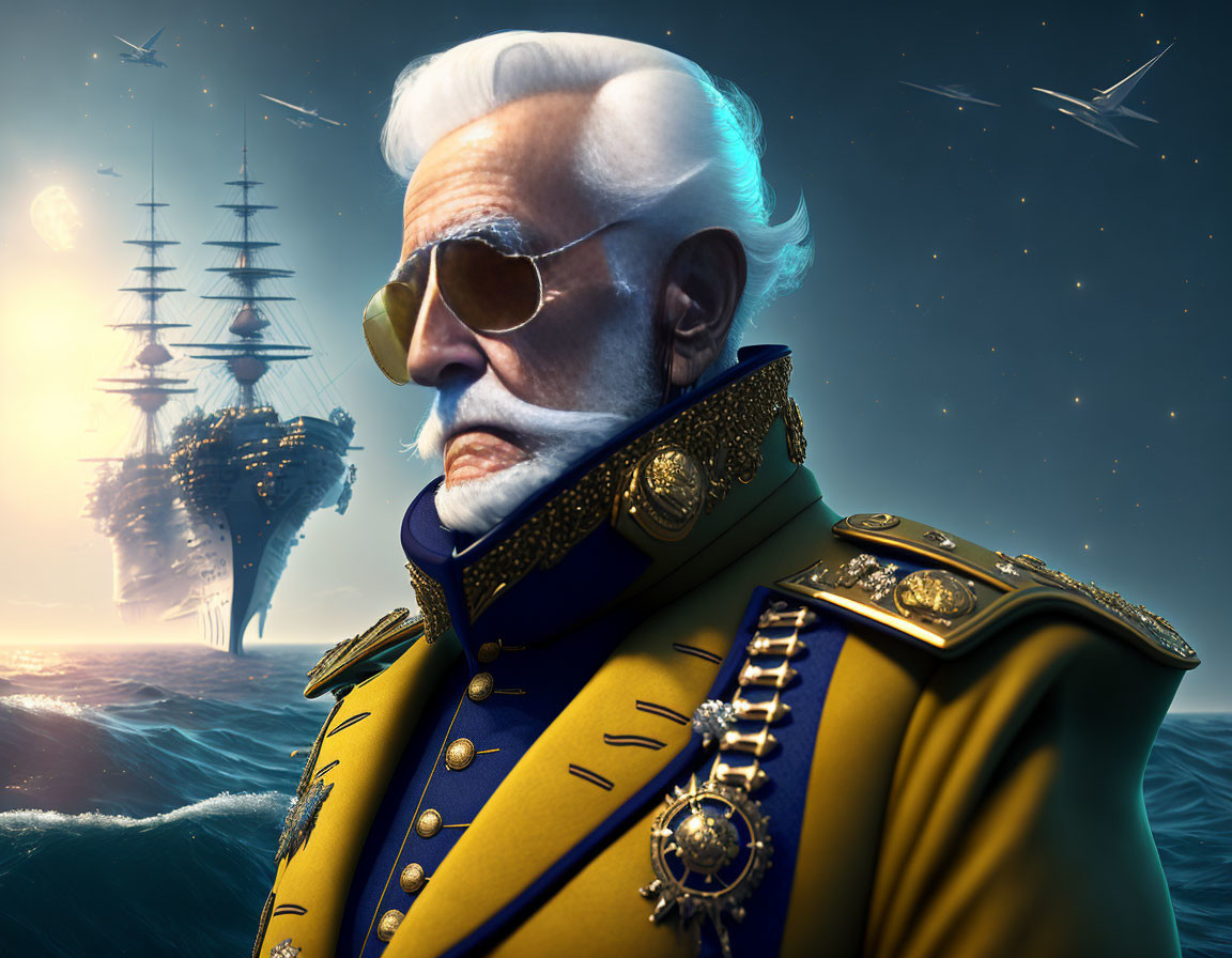 Digital portrait of elderly military man with sunglasses in dramatic seascape.