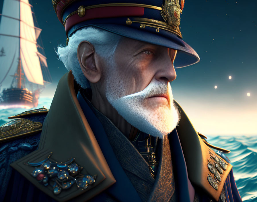 Elder military officer in decorated uniform gazes at sea ship sunset